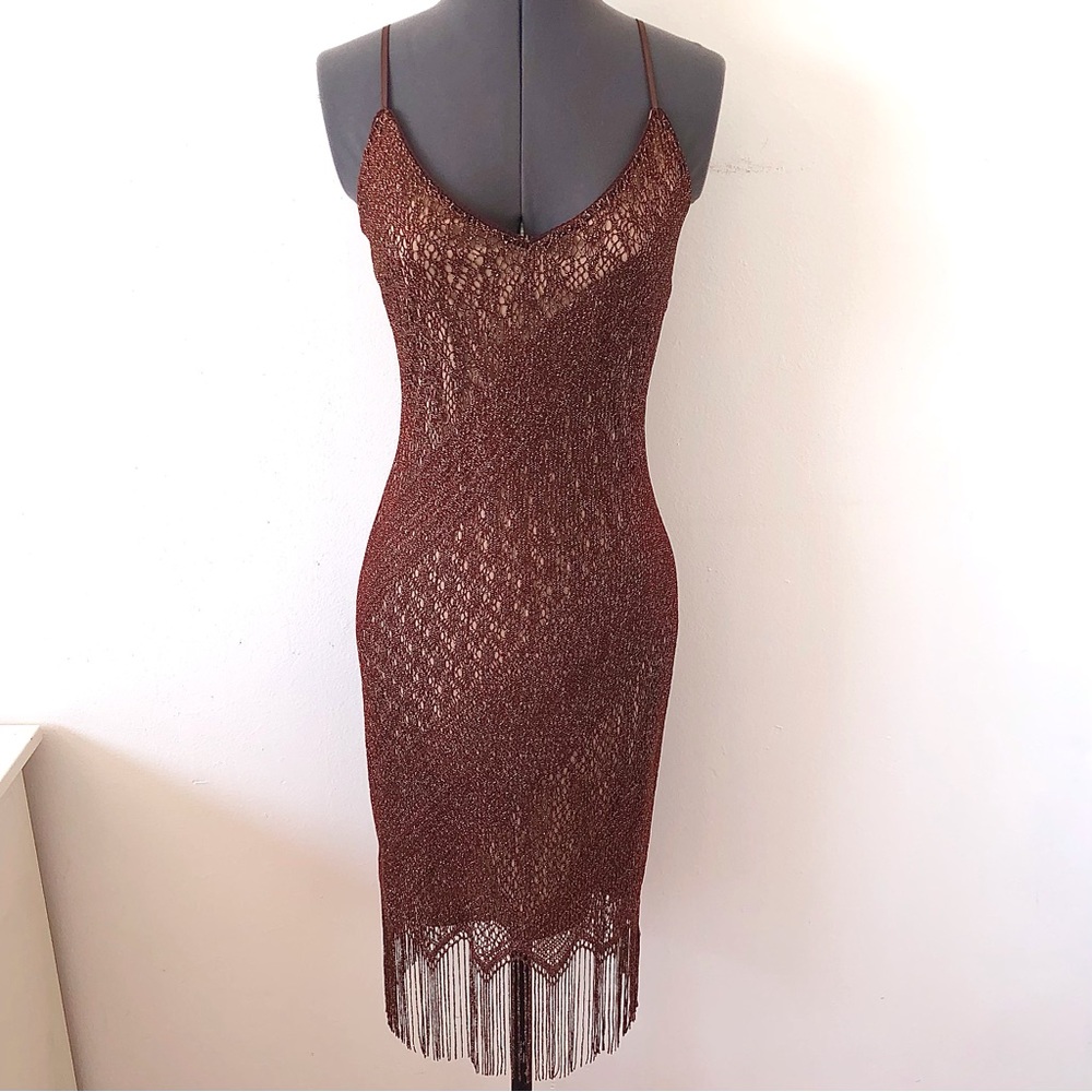 VTG 90s Y2K Forever 21 brown crochet fringe hem dress